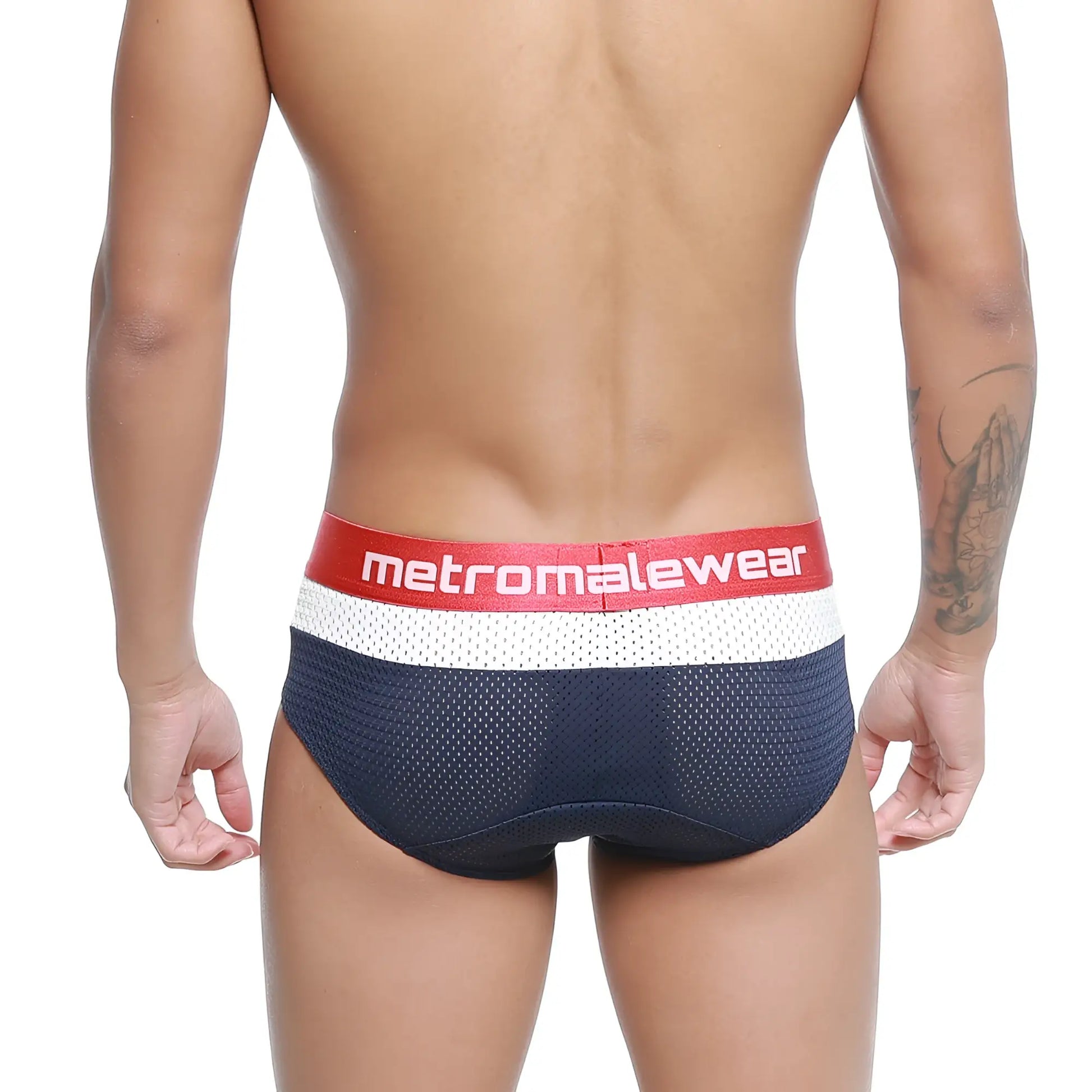 Navy blue mesh metro malewear cairo brief with red and white waistband and branded logo for comfortable wear
