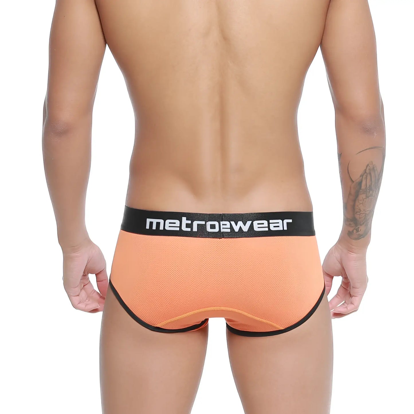 MetroMalewear cairo brief orange mesh briefs with black elastic waistband and trim featuring metrowear branding