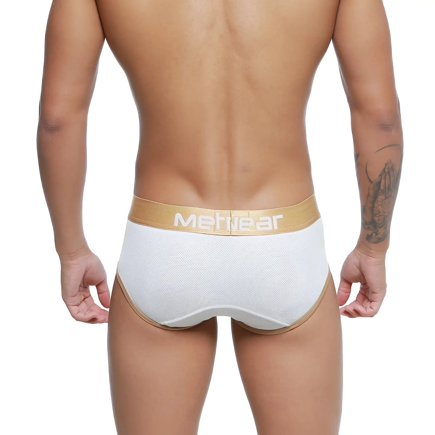 White metwear briefs with gold waistband and trim metroMaleWear cairo brief 5106-00 front view
