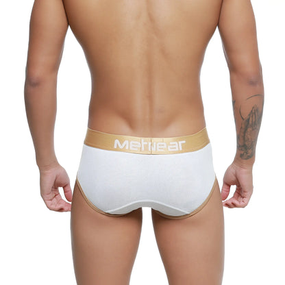 White metwear briefs with gold waistband and trim metroMaleWear cairo brief 5106-00 front view
