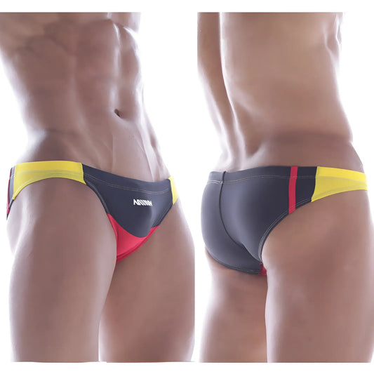 MetroMalewear california swim bikini black 4921-20 black and yellow swim trunks with red accents and agnix branding