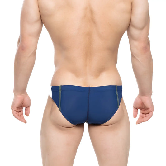 Navy blue swim bikini with green side stripes from MetroMaleWear California for stylish beachwear use