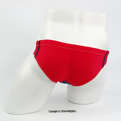 MetroMaleWear California swim bikini red with navy blue trim and stitching designed for comfortable beachwear