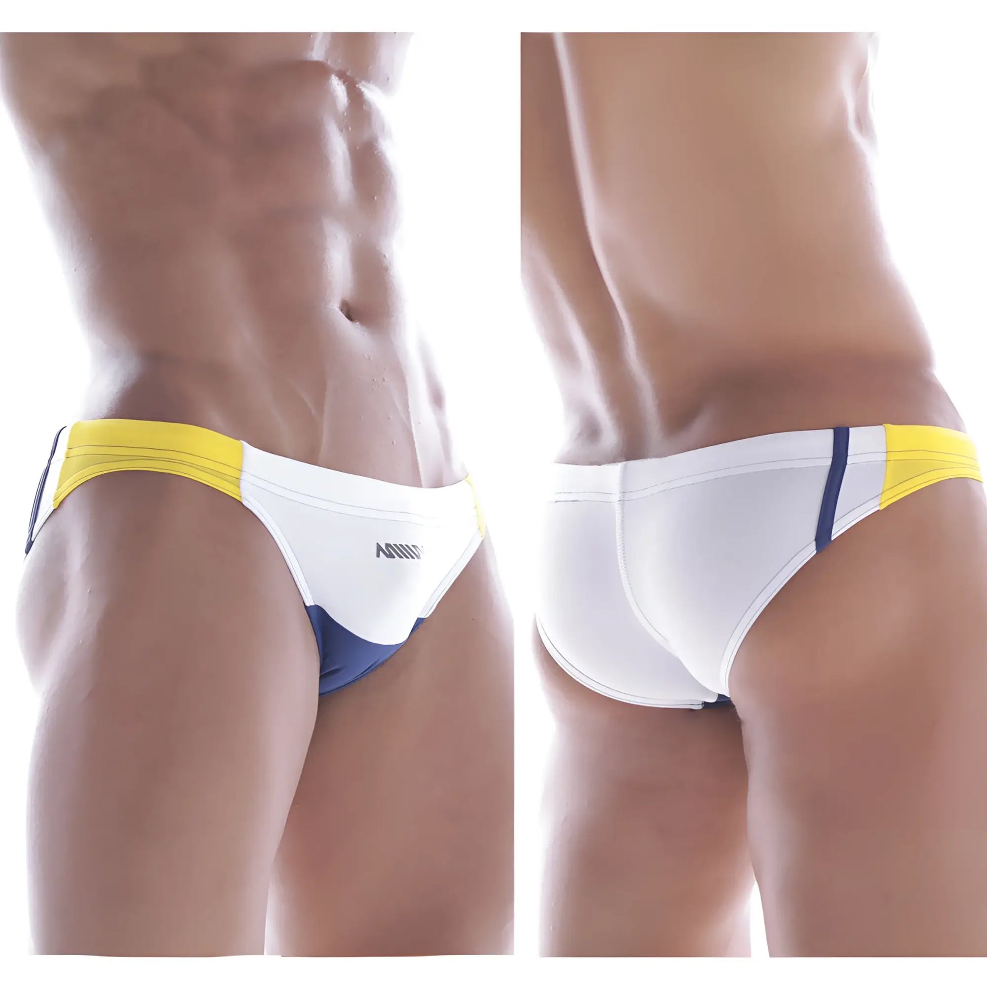 MetroMaleWear California swim bikini white 4921-00 sleek white yellow and navy blue swim trunks for men
