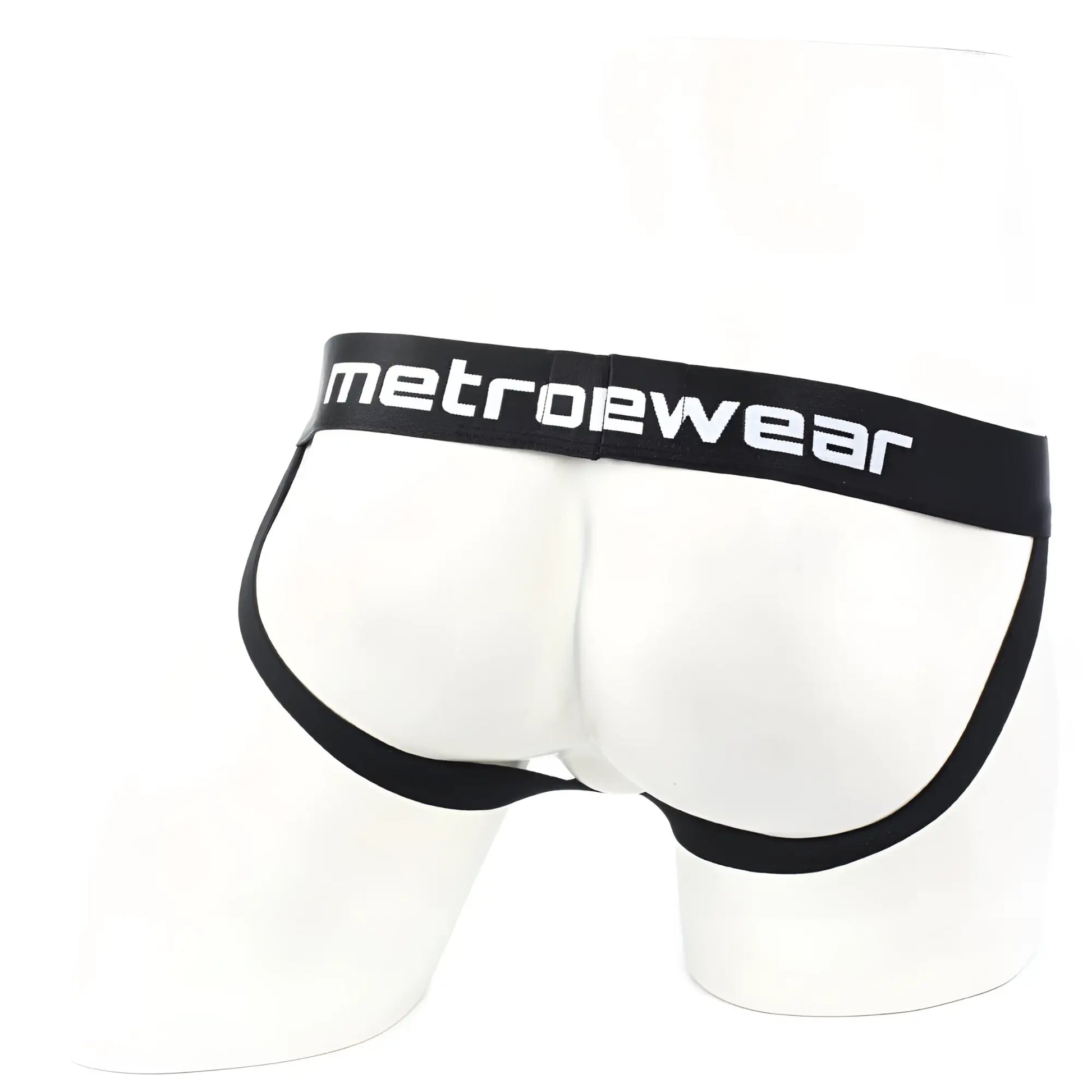 White metrowear briefs with black trim and waistband branded metroMalewear from the camo jockstraps 2901-90 line