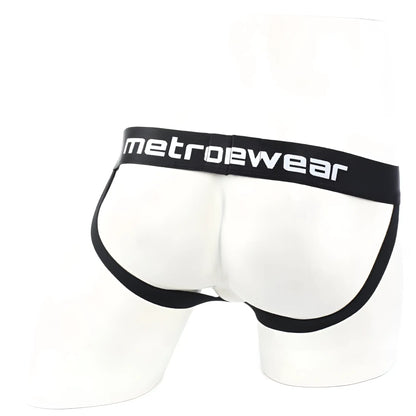 White metrowear briefs with black trim and waistband branded metroMalewear from the camo jockstraps 2901-90 line