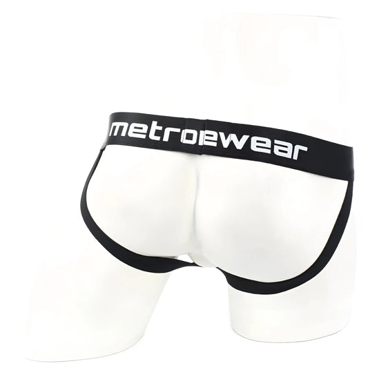 White metrowear briefs with black trim and waistband branded metroMalewear from the camo jockstraps 2901-90 line