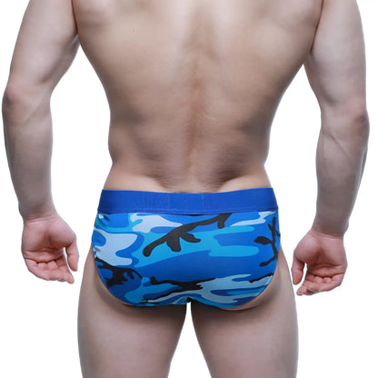 MetroMaleWear camouflage brief 5203-18 in blue and black pattern with solid blue elastic waistband for men
