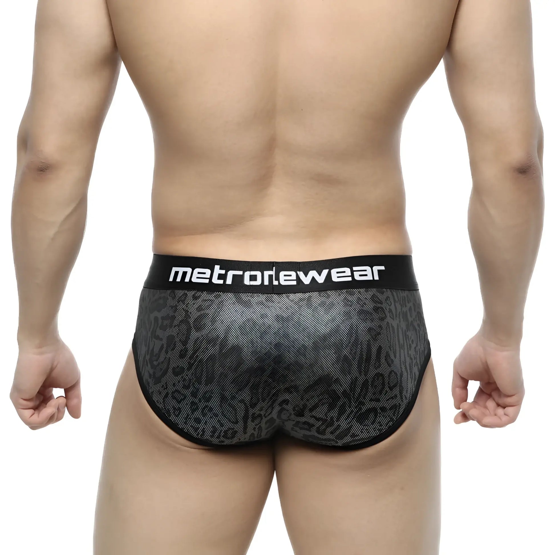 Black and gray leopard print camouflage hip briefs with black metronewear waistband for men 5003-90