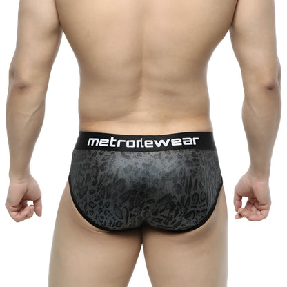 Black and gray leopard print camouflage hip briefs with black metronewear waistband for men 5003-90