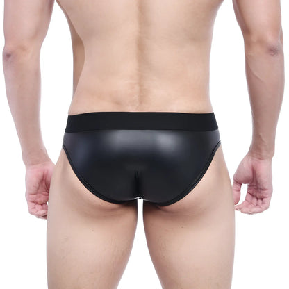 Black glossy faux leather briefs with sleek design and elastic waistband from MetroMaleWear camouflage swim brief 4946-90