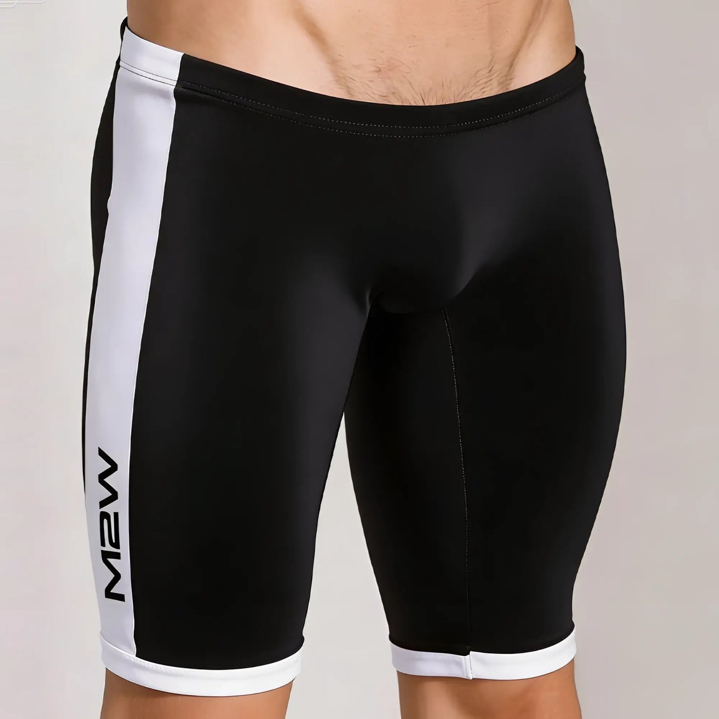 Metro male wear campus jammer black athletic shorts with vertical white stripes and m2w branding on left leg