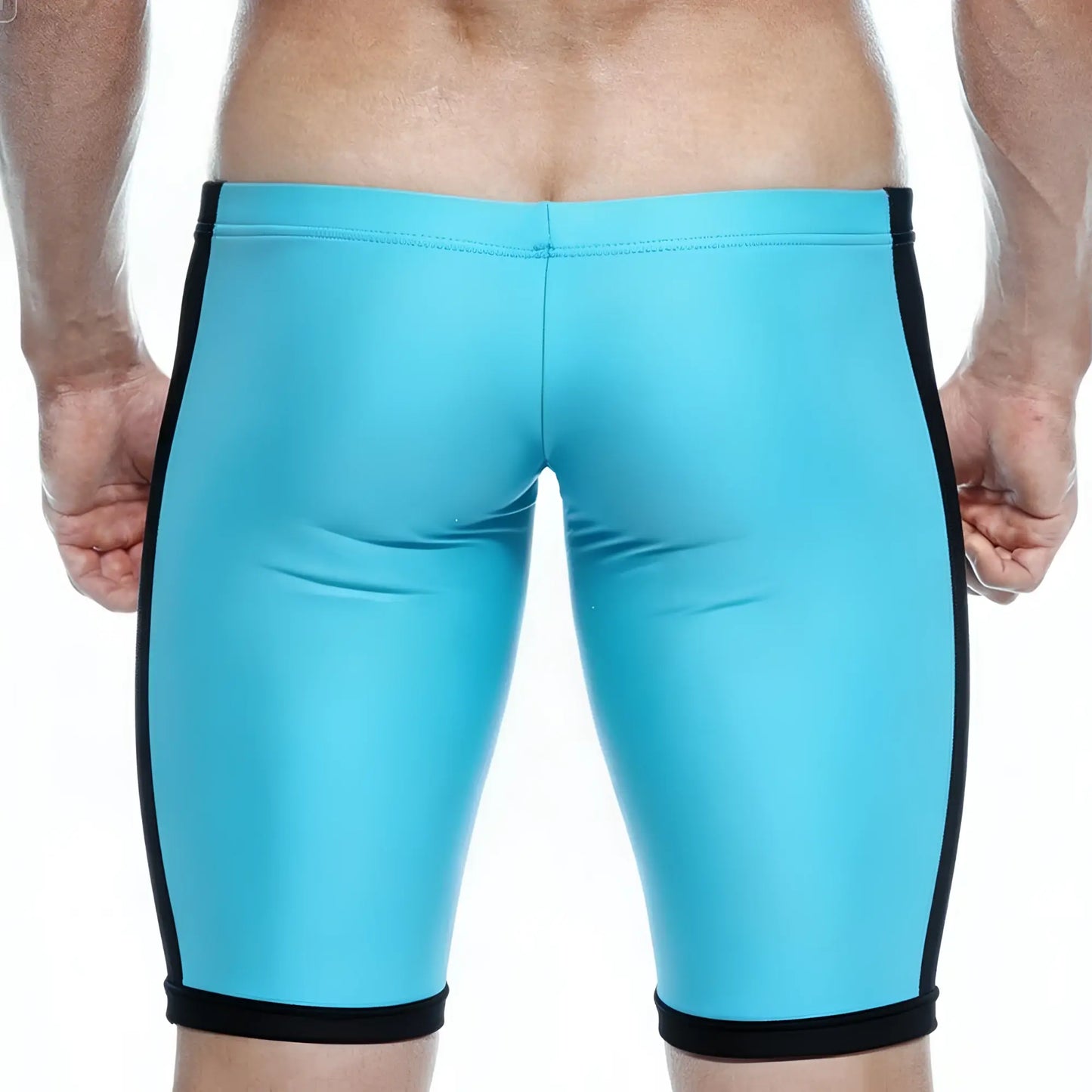 MetroMaleWear Campus Jammer turquoise and black sleek form-fitting swim trunks designed for swimming and training