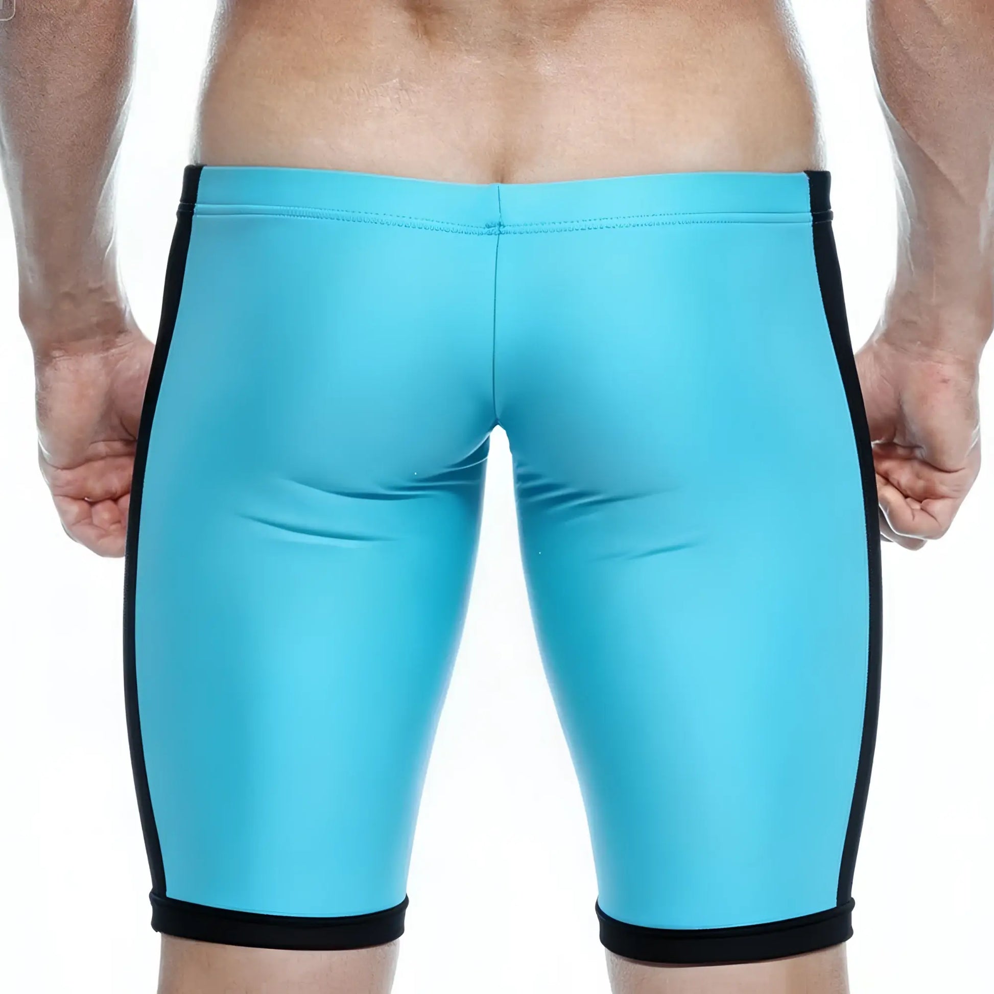 MetroMaleWear Campus Jammer turquoise and black sleek form-fitting swim trunks designed for swimming and training