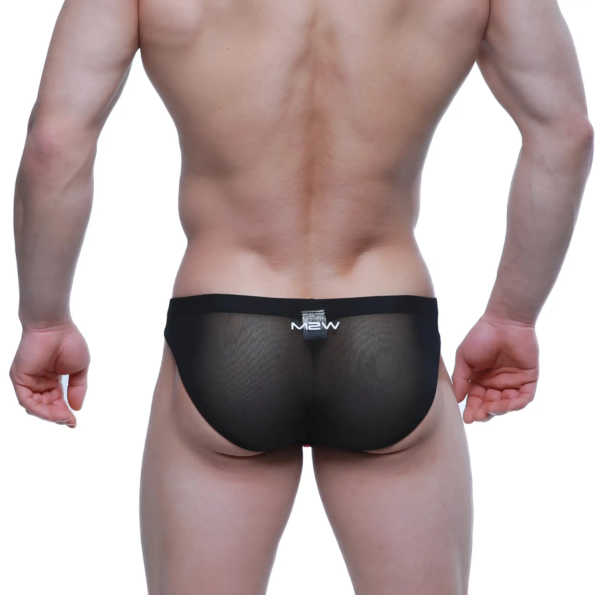 Black mesh metro male wear canal bikini briefs with subtle texture and white mew logo embroidered on waistband
