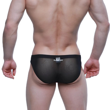 Black mesh metro male wear canal bikini briefs with subtle texture and white mew logo embroidered on waistband