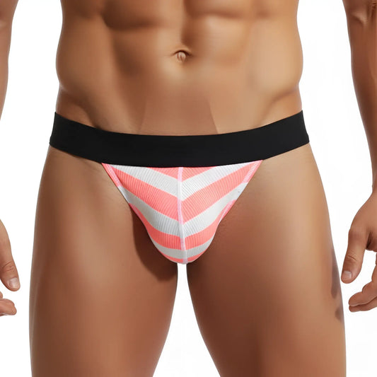 Metro malewear candy bikini neon orange briefs with pink and white chevron pattern and black waistband