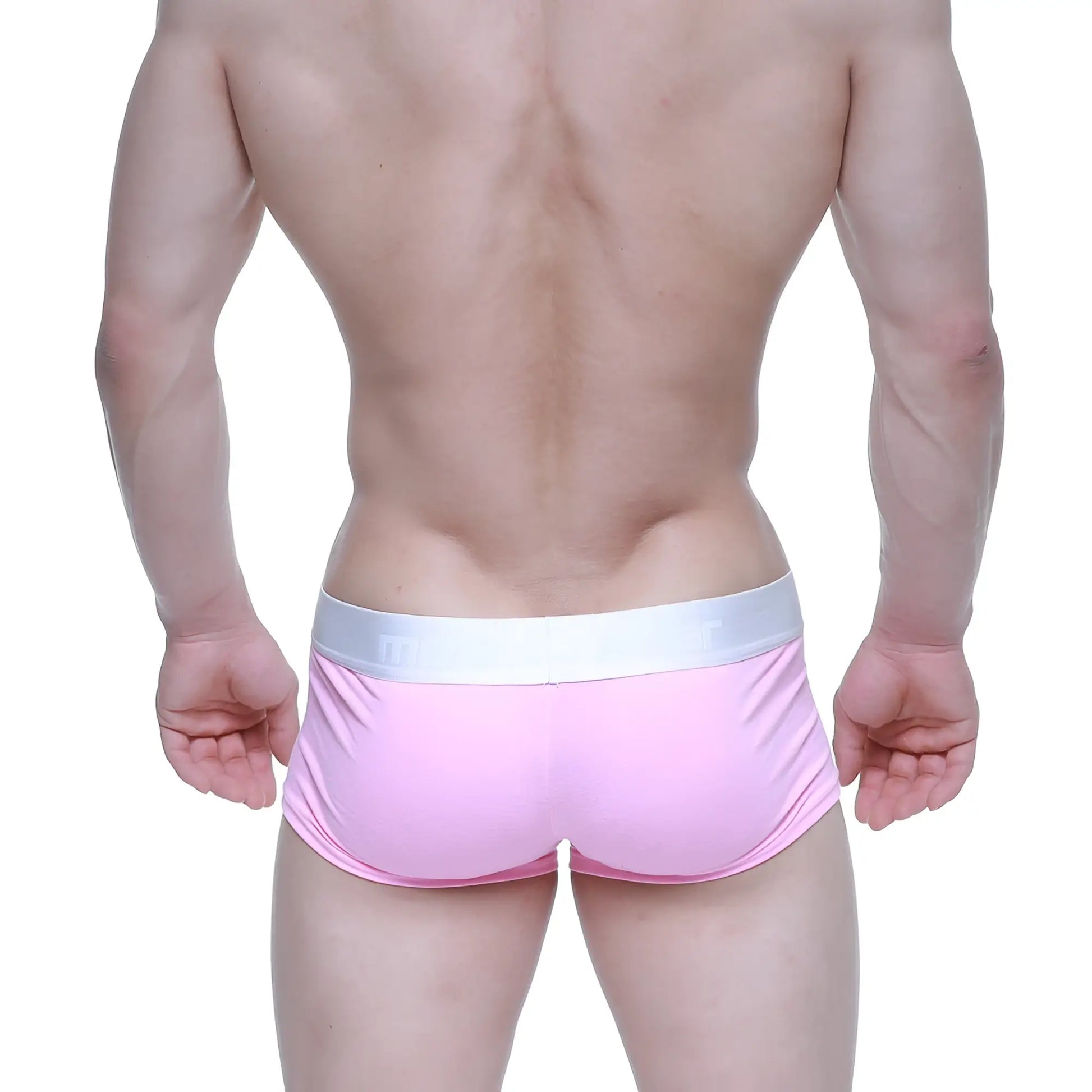 Pink athletic briefs with white elastic waistband metro male wear candy coated pink trunk 2026-25 front view