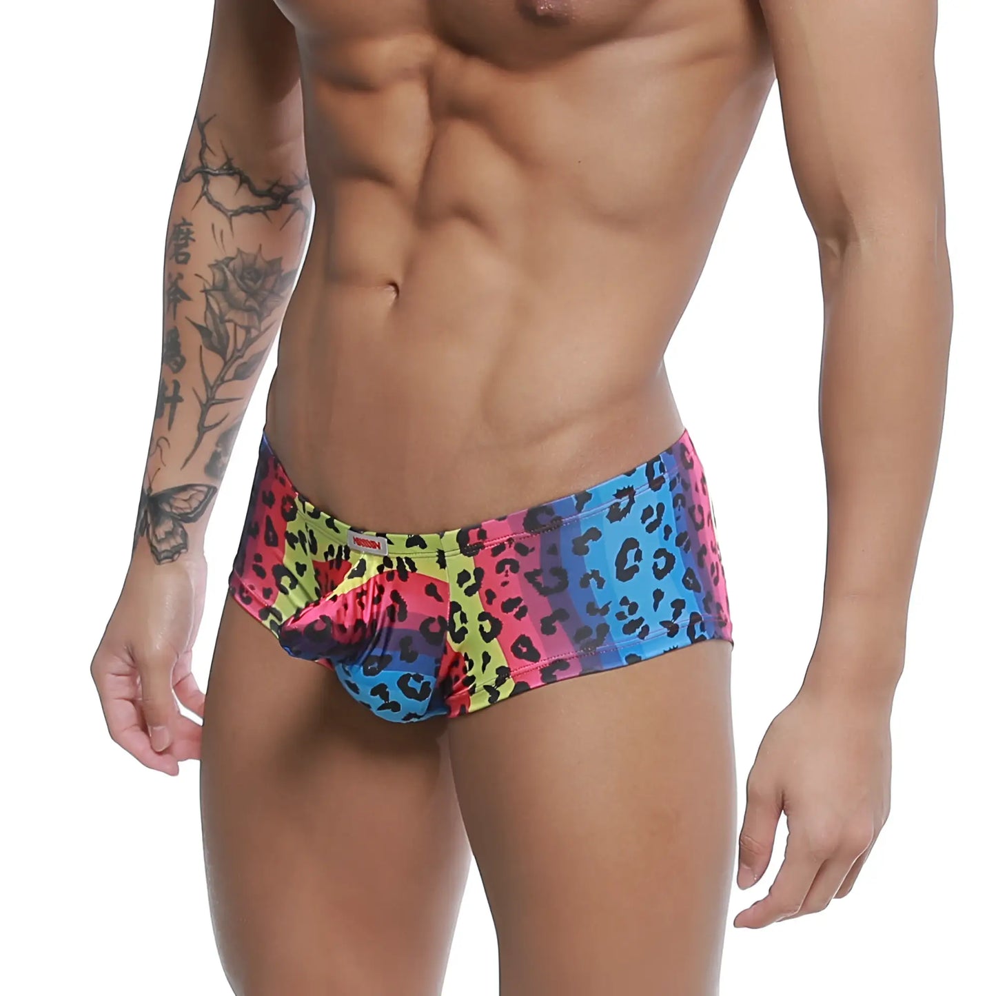 MetroMaleWear cannon boxer neon swim trunks with vibrant multicolored leopard print and bold pink blue yellow gradient design