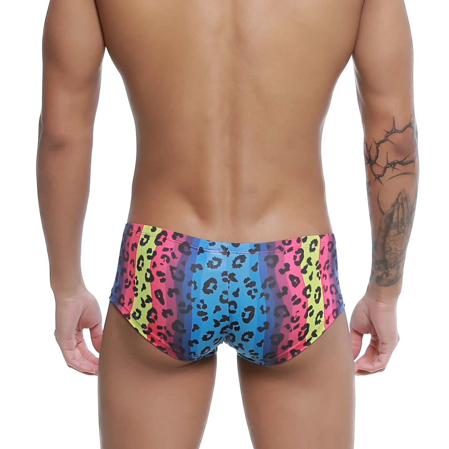 MetroMaleWear Cannon Boxer neon swim trunks with vibrant rainbow stripes and bold black leopard print pattern