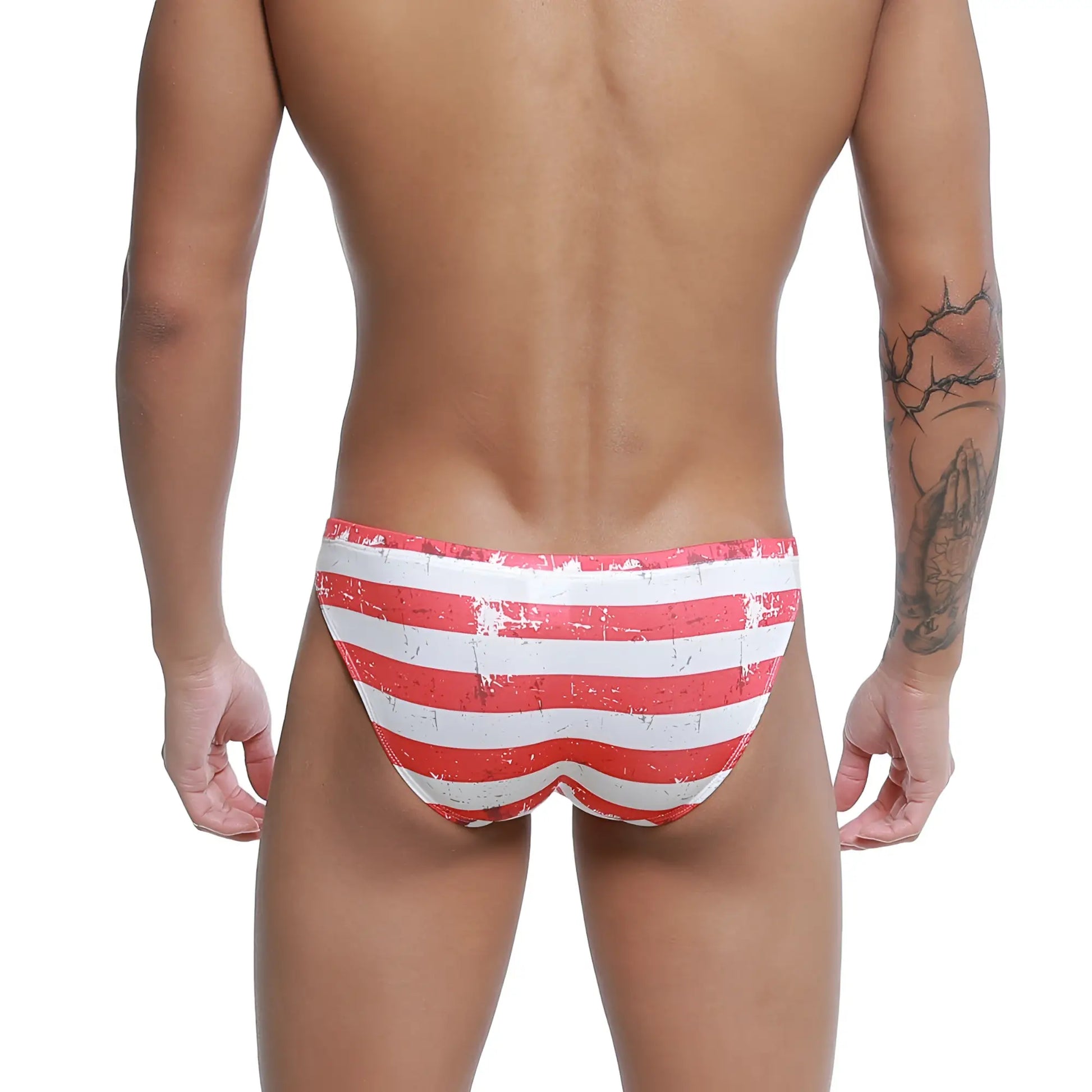Metro male wear cannon hip brief batalla 2203-92 red and white striped swim trunks with a distressed vintage look