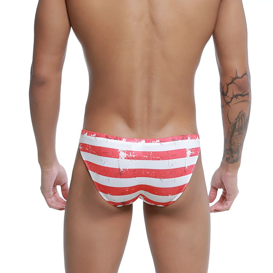Metro male wear cannon hip brief batalla 2203-92 red and white striped swim trunks with a distressed vintage look