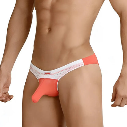 Coral and white patterned metro male wear cannon hip brief with supportive molded design in breathable fabric