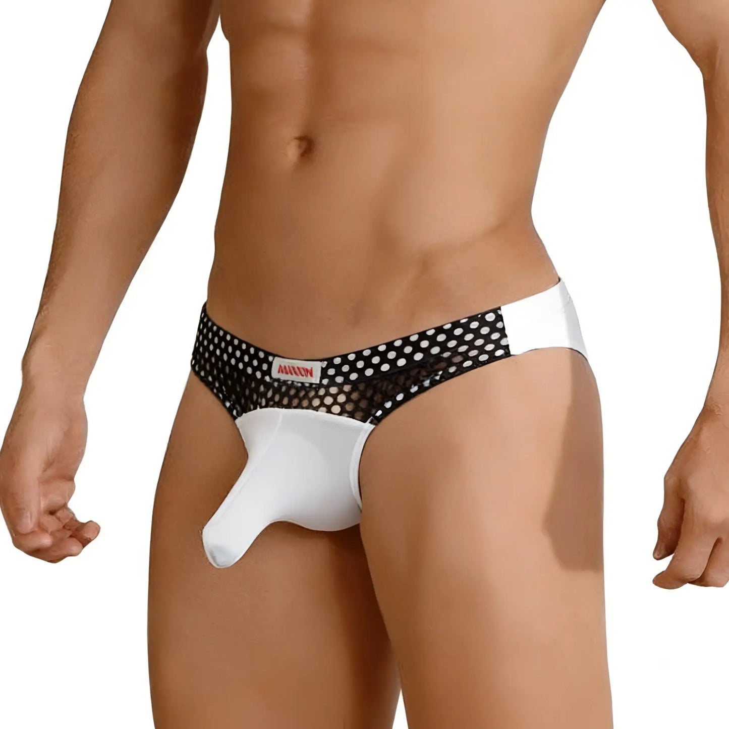 MetroMalewear cannon hip brief contrast white 2203C-00 black and white polka dot mesh with solid white front panel and mawon label