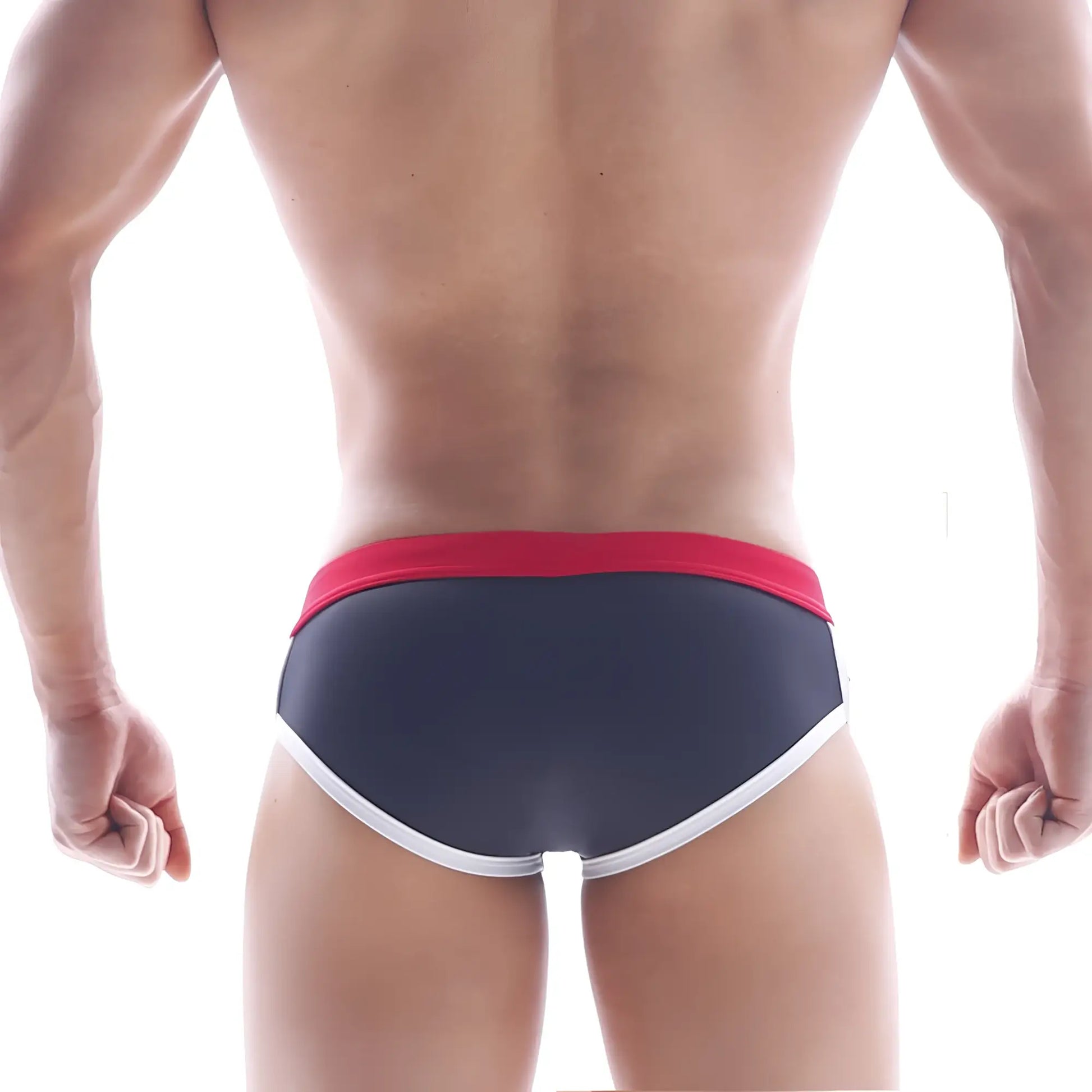 MetroMaleWear Capas swim brief black in dark gray with red waistband and white trim for comfortable swimming