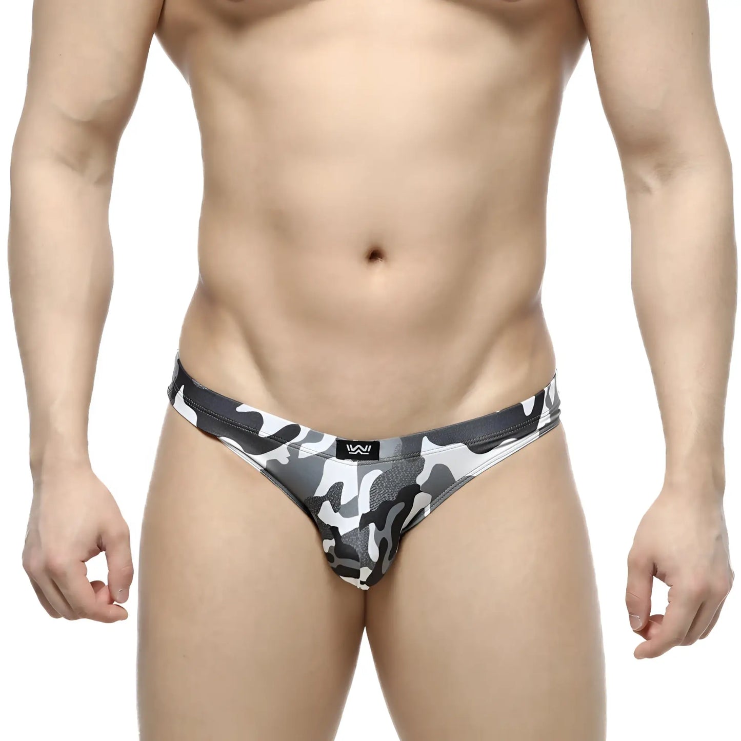 MetroMaleWear Capri Bikini army grey men’s briefs with black gray white camouflage pattern and snug fit