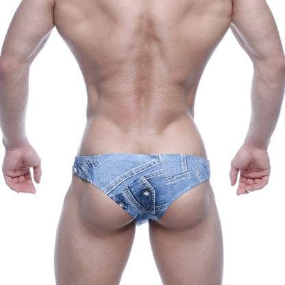 Blue denim-patterned metro male wear capri bikini briefs with faux pocket and button detail in denim blue