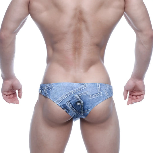 Blue denim-patterned metro male wear capri bikini briefs with faux pocket and button detail in denim blue