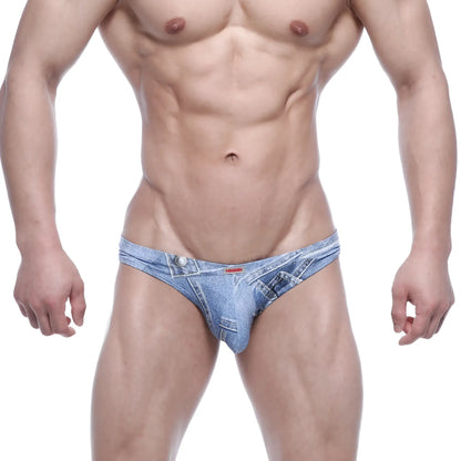 Metro malewear capri bikini denim blue 6103-45 men’s briefs in blue denim style with button closure and stitched pocket detail