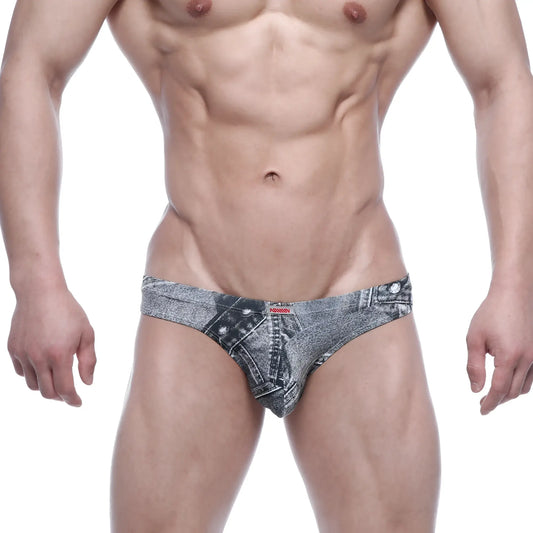 Metro male wear capri bikini denim gray 6103 44 faded gray wash denim patterned men’s briefs with stitched details and buttons