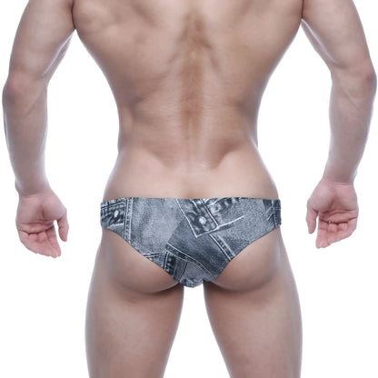 Denim-patterned swim trunks in faded blue-gray wash with stitched seams and button details metroMalewear capri bikini gray