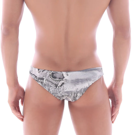 Gray and white patterned swim trunks with vintage currency design metro male wear capri bikini denim grey 6103-47