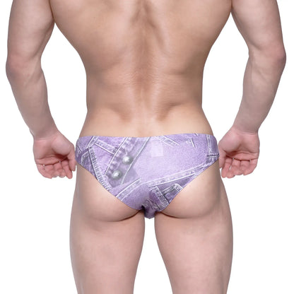 Purple denim-patterned metro male wear capri bikini briefs with silver button details in men’s underwear design