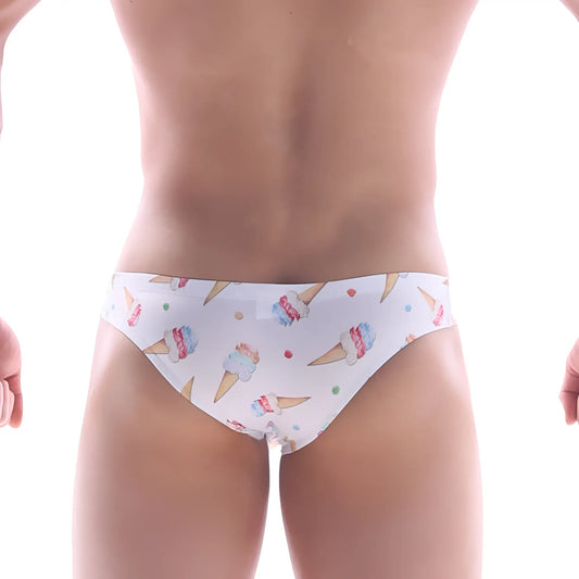 White briefs by MetroMaleWear Capri Bikini ice cream 6103-31 featuring colorful ice cream cone and sprinkle pattern