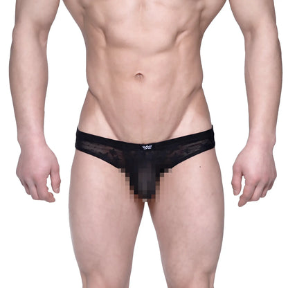 MetroMaleWear Capri bikini star black lace thong with subtle mesh texture and small white logo on waistband