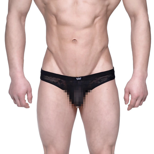 MetroMaleWear Capri bikini star black lace thong with subtle mesh texture and small white logo on waistband