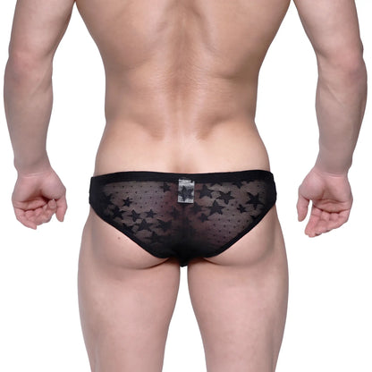 Metromalewear capri bikini star black 6103-51 black star-patterned mesh briefs front view