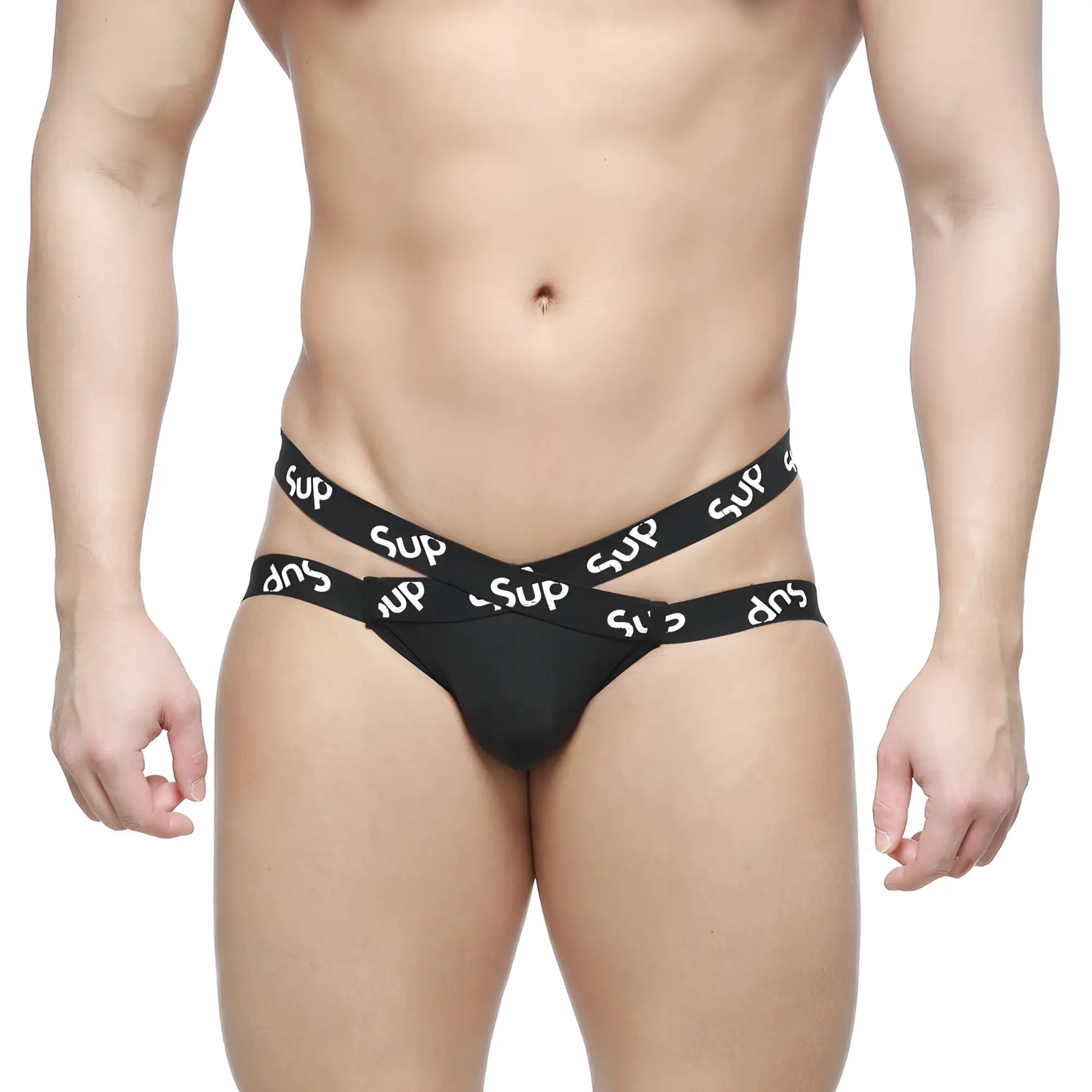 Black men’s thong metro male wear cara jock strap with two crossed white sup branded waistbands in black