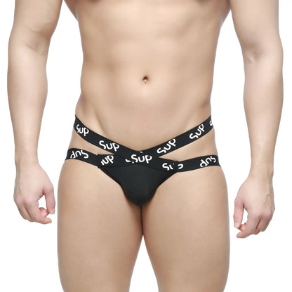 Black men’s thong metro male wear cara jock strap with two crossed white sup branded waistbands in black
