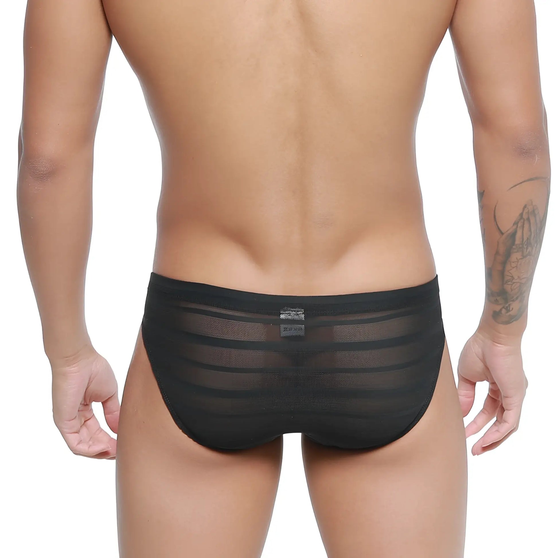 Black sheer mesh briefs with horizontal striped pattern metro malewear carril bikini 5103-m33 front view