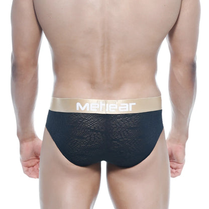 Black lace men’s briefs with gold mehear waistband metro male wear carve hip brief black 5003-61