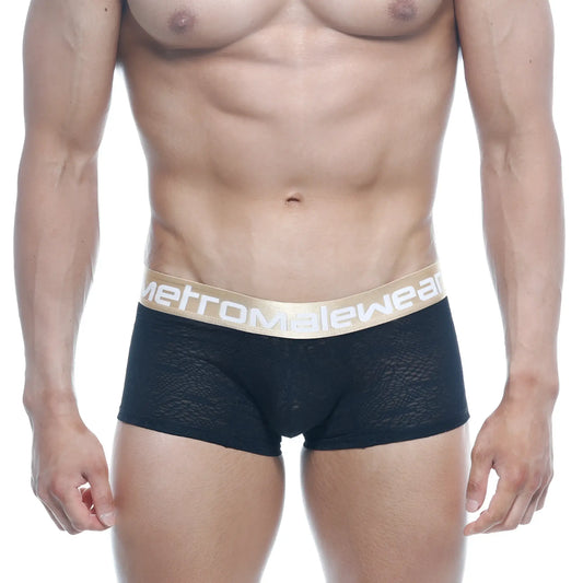 Black lace MetroMaleWear carve short boxer briefs with a gold waistband and 7 inch inseam in black 2022 61