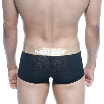 Black lace men’s briefs with a gold waistband featuring meticar branding metroMalewear carve short boxer black