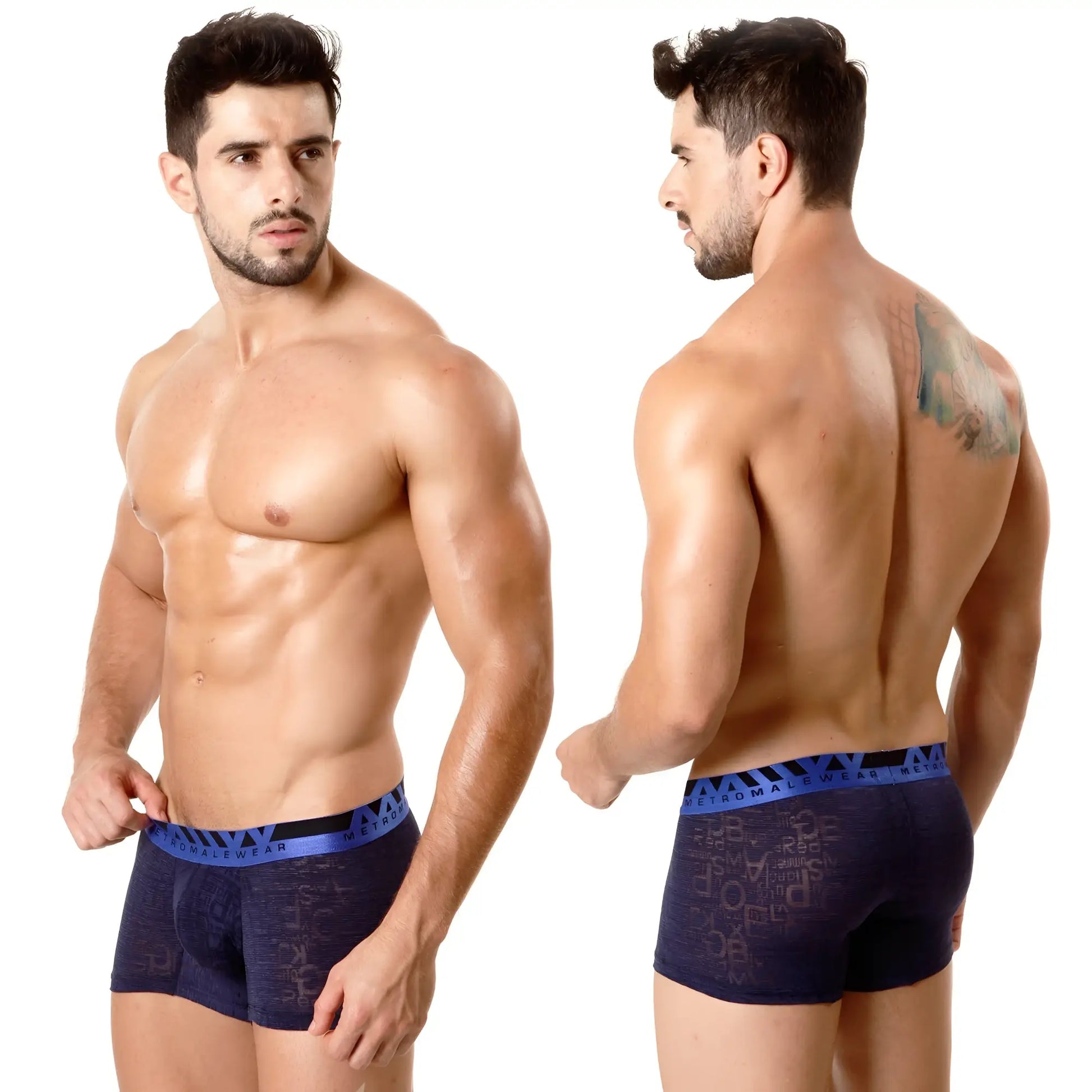 Navy blue MetroMaleWear Carve short boxer briefs with textured pattern and bright blue waistband featuring metallwear