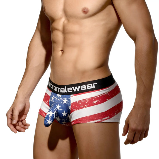 MetroMaleWear Castro trunk batalla 2213-92 american flag distressed men’s briefs with black waistband and brand name