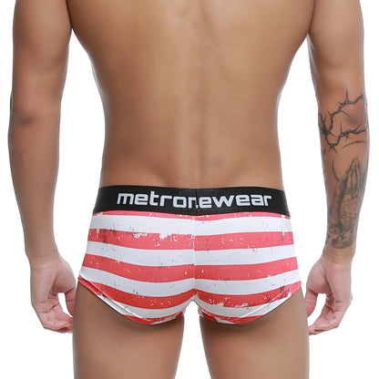 Red and white striped men’s briefs with distressed design and metronewear black waistband metro malewear castro trunk batalla 2213-92